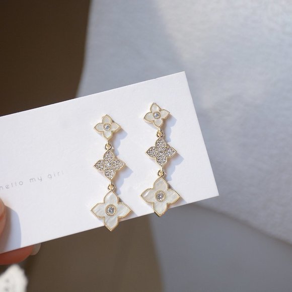 NEW 14K Gold Plated Diamond Clover Drop Earrings - Picture 7 of 7